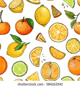 Pattern. Citrus. Set of fruit. Fresh food. Lemons, oranges, mandarin, pomelo, lime.  Vector illustration.