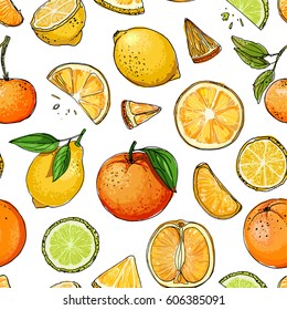 Pattern. Citrus. Set of fruit. Fresh food. Lemons, oranges, mandarin, pomelo, lime.  Vector illustration.