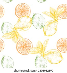 A pattern of citrus slices on an isolated background. Hand drawing lemon, lime, orange. Vector. Concept: tea packaging; citrus cosmetics packaging concept; lemon aroma. Sketch. Isolated background.