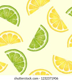 Pattern with citrus. Watercolor lemon and lime slices. Suitable for curtains, wallpaper, fabrics, wrapping paper.