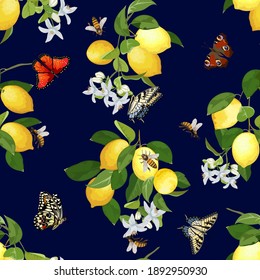 Pattern with citruses, butterflies and bees.Branches of lemons, butterflies and bees in a pattern on a colored background.
