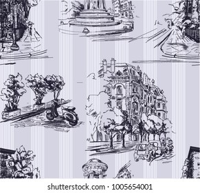 Pattern with city streets with houses, cars,scooters and trees in violet color with stripes on the background in toile de jouy stile