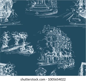 Pattern with city streets with houses, cars,scooters and trees in blue and white color in toile de jouy stile