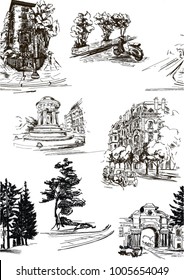 Pattern with city streets with houses, cars,scooters and trees, arch.parks elements in black and white on white background in toile de jouy stile