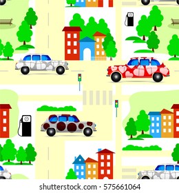 Pattern. City streets. Road with cars and streets with houses and green grass. Vector design
