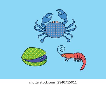 
Pattern clams, crabs and shrimp living happily in the sea