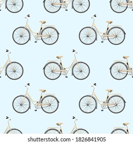 Pattern of classic city bicycle, ecological sport transport on blue backgraund. 