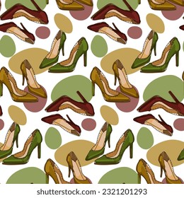 The pattern of classic fashionable women's stiletto shoes, the contour of the shoes with color and spots in a seamless pattern. Casual and festive shoes. Elegant female background for printing.