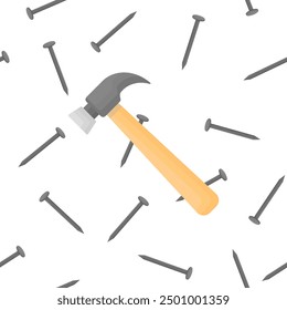 Pattern with a classic hammer and nails scattered around on a white background. Packaging for tools. Men's gift