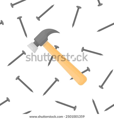 Pattern with a classic hammer and nails scattered around on a white background. Packaging for tools. Men's gift