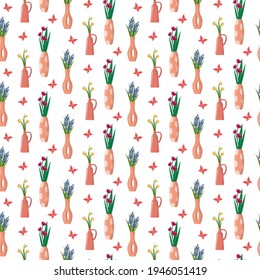 Pattern with clay ceramic vases, flowers and butterflies. Vector illustration isolated on white background. Modern stylish illustration for use in fabrics, packaging, brochures, flyers, postcards.