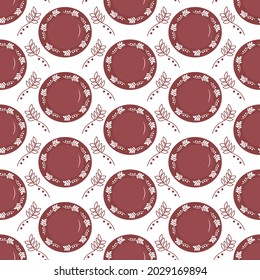 Pattern with clay plates with a plant pattern. Vector illustration isolated on white background. For use in prints, handicraft shops, packaging, fabrics, flyers and covers, pottery shops.
