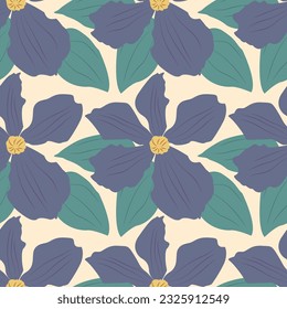 Pattern with clematis flowers on beige background. Summer flower illustration. Blue, lilac, green colors. for postcards, patterns, invitation cards