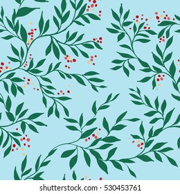 The pattern of climbing branches with leaves on a blue background