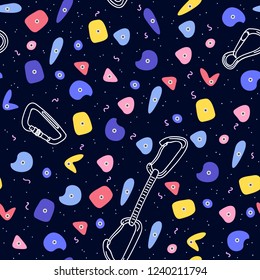 Pattern with climbing grips, carabines and quickdraws on the dark background. Colorful vector illustration for banners or print on textile