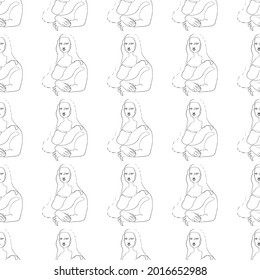 Pattern for clothes Mona Lisa line art, black and white