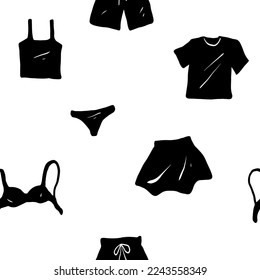 Pattern of clothing items. Different women's clothing from the wardrobe in black. Silhouette of clothing