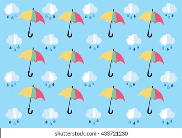 Pattern of cloud and raindrop with colourful umbrella