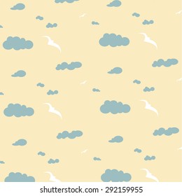 Pattern with clouds and seagulls in pastel colors 