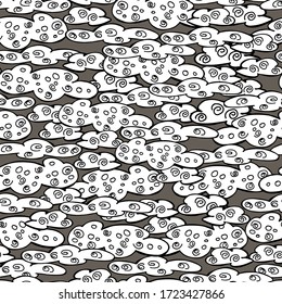 Pattern with clouds, wheelbarrow. clouds with small details, creative picture of heaven. manual graphics. Sky. Design for kids. wallpaper, textile, packaging. stock graphics, isolate