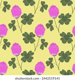 Pattern with clover flowers and four leaf clover on yellow background