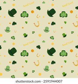 Pattern with clover, hat, horseshoe and inscription "good luck"