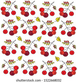 A pattern of clusters of large red mountain ash on a white background. For design of fabric, printing, packaging.
