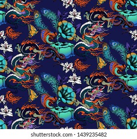 Pattern of cobra and gramophone. Suitable for fabric, wrapping paper and the like. Vector illustration
