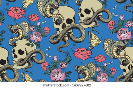 Pattern of cobra, scull and flowers.  Suitable for fabric, wrapping paper and the like. Vector illustration