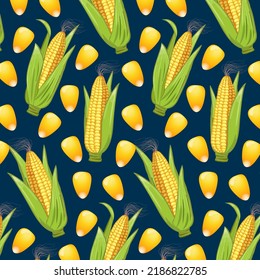 Pattern of cobs and grains of corn.Vector seamless pattern with corn and grains on a colored background.