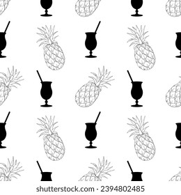 Pattern with cocktail and contour hand drawn pineapple, black color on white background. Monochrome summer pattern.