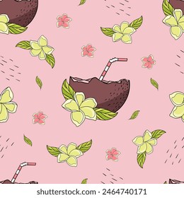 Pattern with cocktails in coconuts and plumeria on a pink background. 