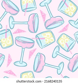 Pattern with cocktails . Drinks with ice, fruits, berries, alcohol on a white background. Vector illustrations for cafe design, bar design, menu, decor, textile.