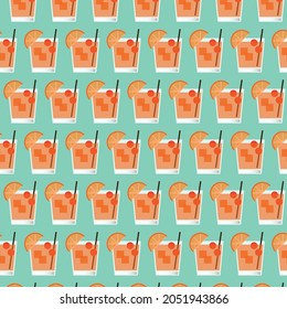 Pattern with cocktails on a green background. Drink with citrus, ice and cherries.