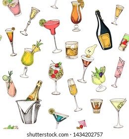 Pattern with cocktails sketches. Hand drawn pattern cocktails bar menu.