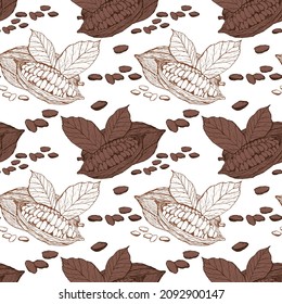 The Pattern Of Cocoa Beans Is Seamless . On a white background , a linear drawing drawn by hand . Grains , fruits and leaves . organic healthy food . vector design for textiles