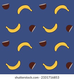 Muster mit Kokosnuss und Banane auf blauem Hintergrund 