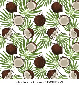 A pattern from a coconut cartoon set with leaves. Vector illustration of a coconut with leaves. Vector pattern, background, seamless coconut pattern for use in textiles, gift wrapping.