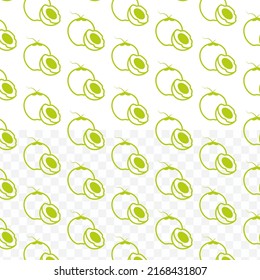 Pattern of Coconut in green color on transparent background(PNG) with mini doodles(icons). Vector Illustration