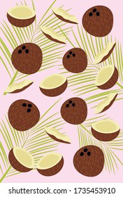 pattern with coconut and palm leaves, on a white background. A whole coconut and a slice. Vector illustration in a flat style.