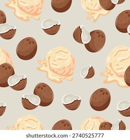 pattern of coconut-flavored ice cream balls and ripe walnuts on a light background, placed randomly, for menus, social media or textiles