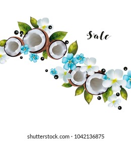 A pattern of coconuts and blue flowers with text.