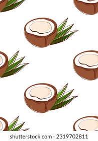 Pattern of coconuts and halves with leaves on the side. Isolated on white background. Seamless vector.