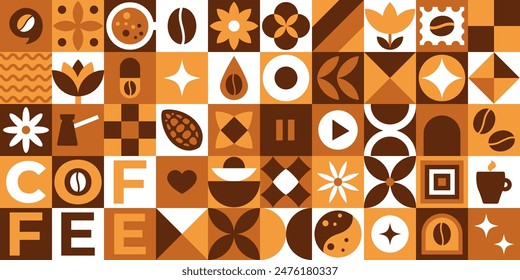 Pattern with coffee abstract geometric shapes in brown color. Bauhaus geometric shapes in tiles seamless pattern. Geometric coffee beans pattern