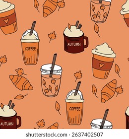 A pattern with coffee and autumn drinks. Vector illustration of drinks