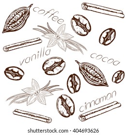 pattern of coffee beans, cocoa beans, pods and flowers of vanilla, cinnamon sticks and inscriptions, vanilla, coffee, coca and cinnamon. The retro style