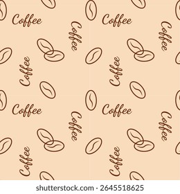 Pattern with coffee beans and lettering Coffee on beige background.
