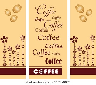 pattern of coffee beans and letters on a beige background greeting card of three parts