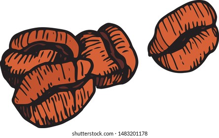 The pattern of coffee beans made using the hatching technique. Colorized.