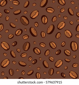 Pattern with coffee beans on a chocolate background. Vector illustration